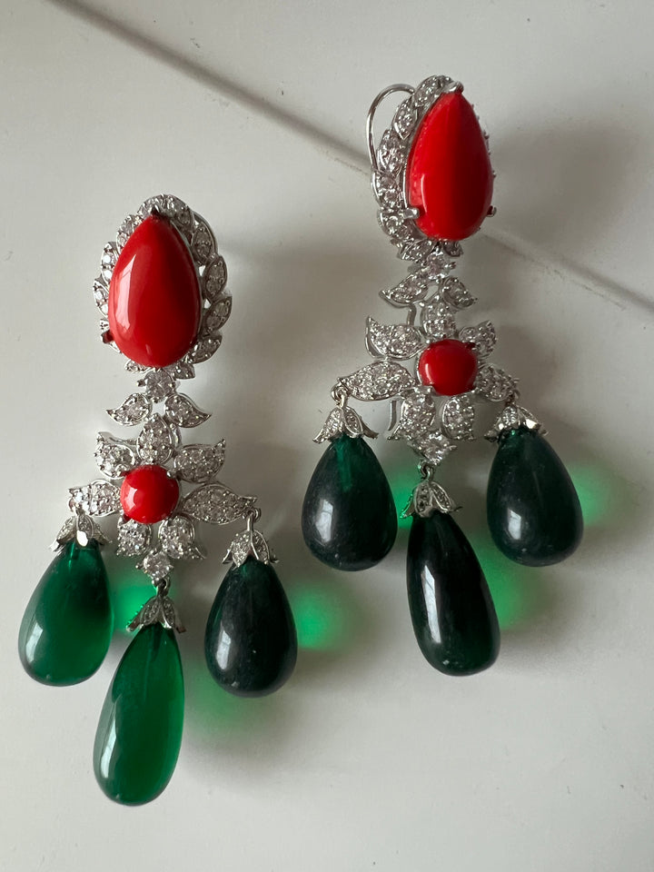 Statement Stone Earrings | SHIVKA | Rhodium Polish | Coral & Dark Green Stones | Push Back with Extra Support Clip