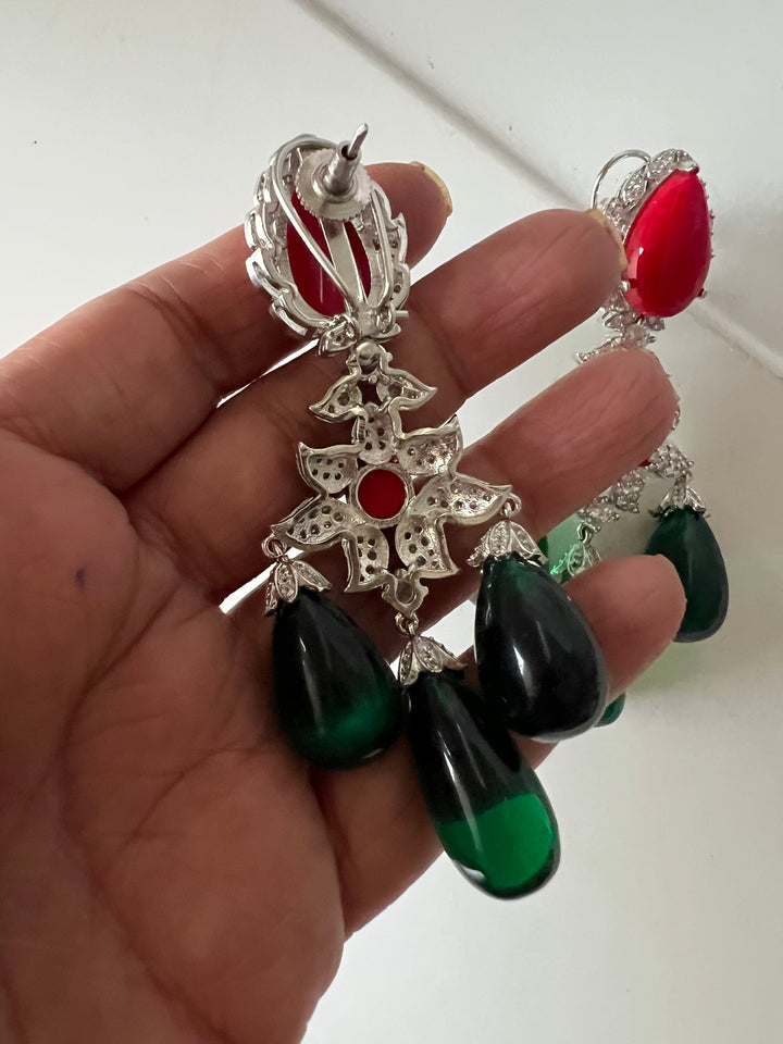 Statement Stone Earrings | SHIVKA | Rhodium Polish | Coral & Dark Green Stones | Push Back with Extra Support Clip