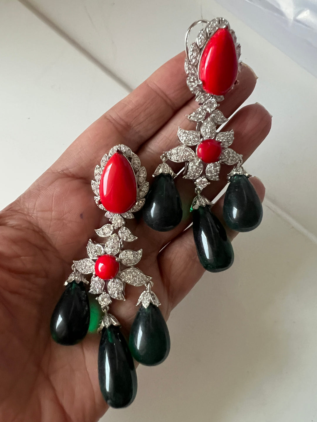 Statement Stone Earrings | SHIVKA | Rhodium Polish | Coral & Dark Green Stones | Push Back with Extra Support Clip
