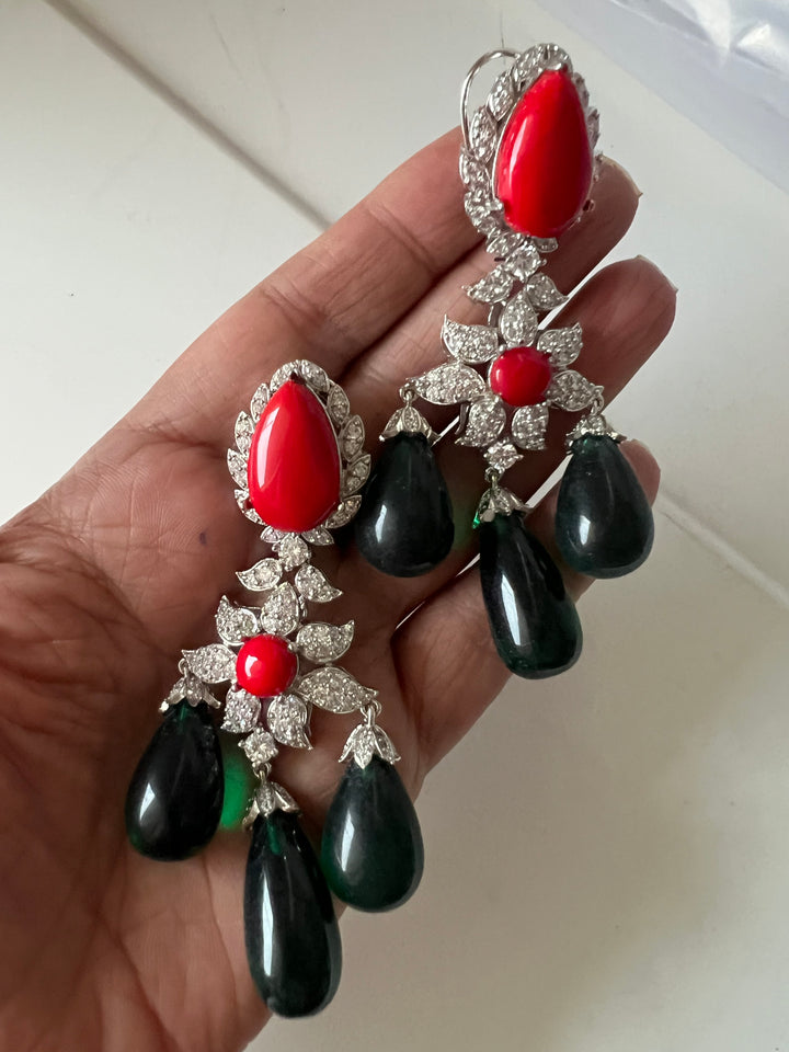Statement Stone Earrings | SHIVKA | Rhodium Polish | Coral & Dark Green Stones | Push Back with Extra Support Clip