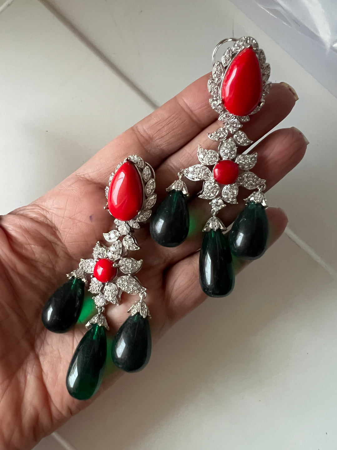 Statement Stone Earrings | SHIVKA | Rhodium Polish | Coral & Dark Green Stones | Push Back with Extra Support Clip