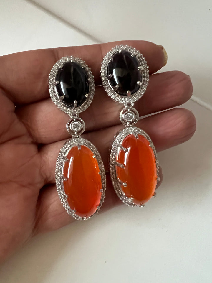 SHIVKA Designer Gemstone Earrings | Carnelian, Onyx & CZ | Silver Polish | Statement Jewelry