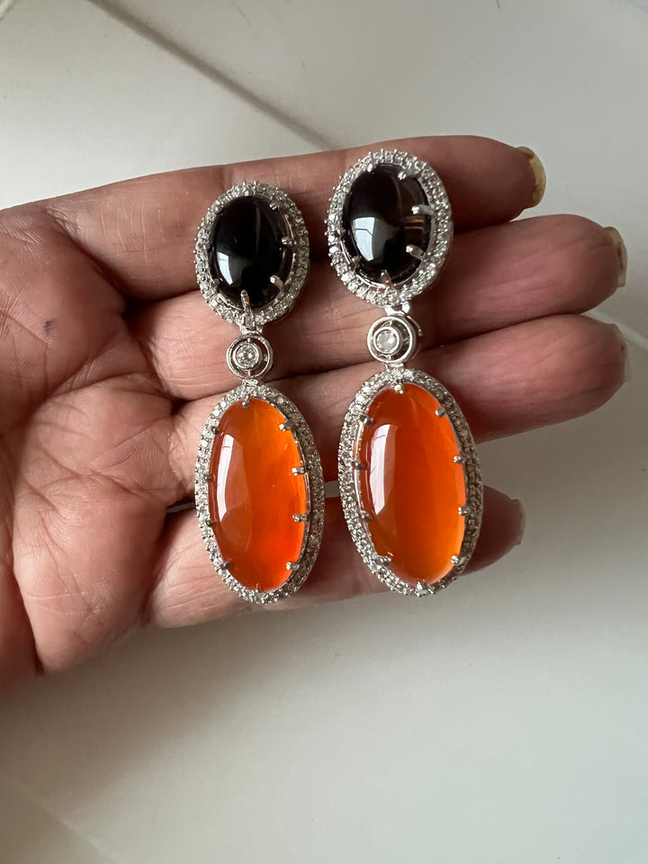 SHIVKA Designer Gemstone Earrings | Carnelian, Onyx & CZ | Silver Polish | Statement Jewelry