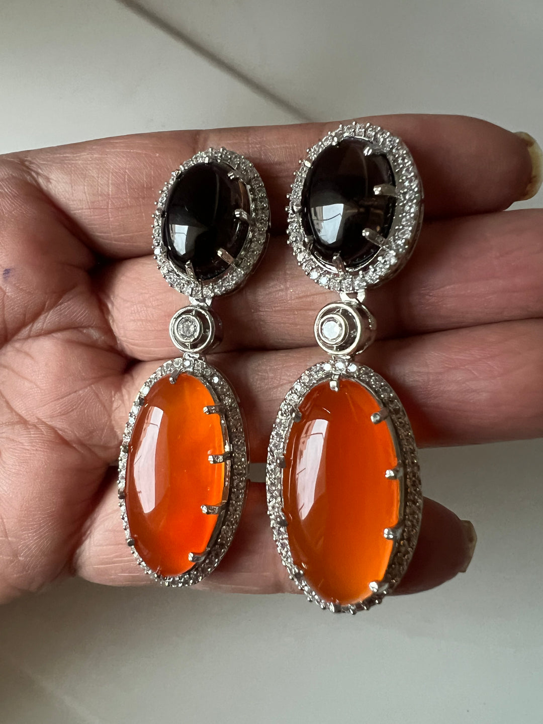 SHIVKA Designer Gemstone Earrings | Carnelian, Onyx & CZ | Silver Polish | Statement Jewelry