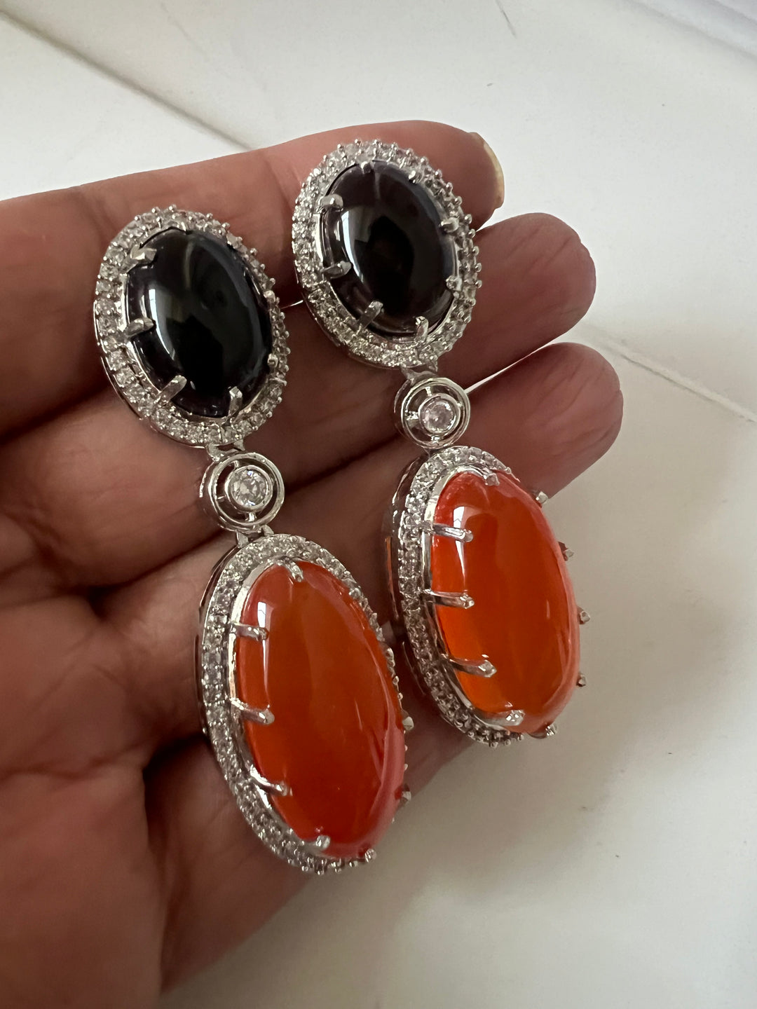 SHIVKA Designer Gemstone Earrings | Carnelian, Onyx & CZ | Silver Polish | Statement Jewelry