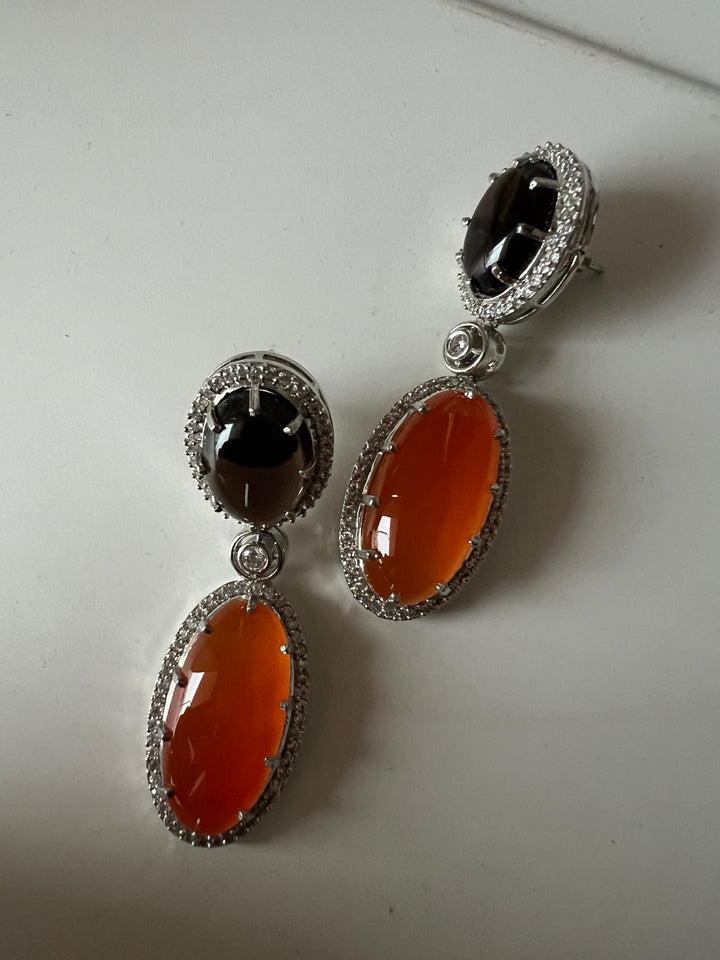 SHIVKA Designer Gemstone Earrings | Carnelian, Onyx & CZ | Silver Polish | Statement Jewelry