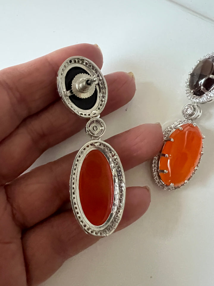 SHIVKA Designer Gemstone Earrings | Carnelian, Onyx & CZ | Silver Polish | Statement Jewelry