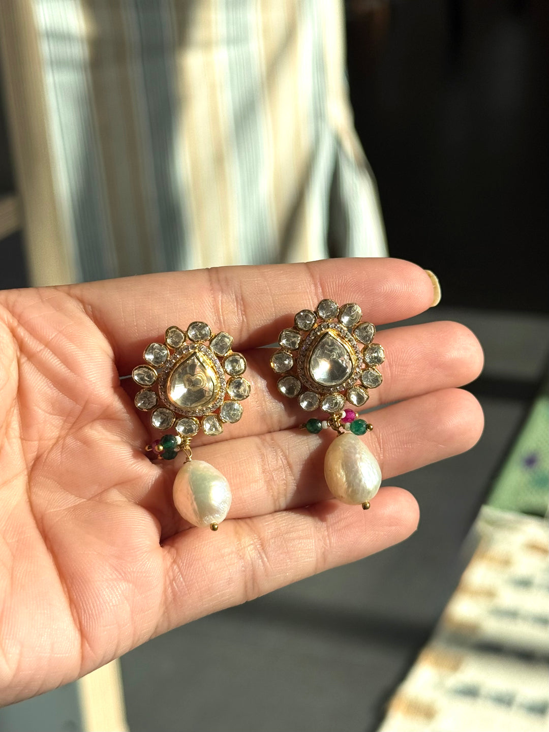 925 Silver Polki Kundan Earrings | SHIVKA | Gold Polish Festive Elegance