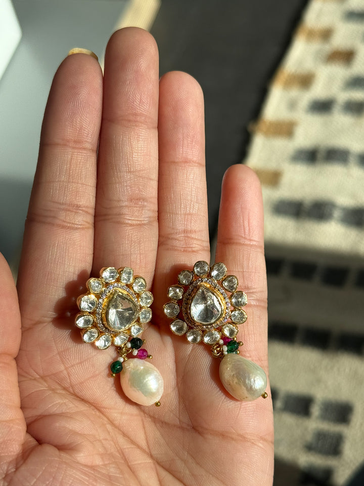 925 Silver Polki Kundan Earrings | SHIVKA | Gold Polish Festive Elegance