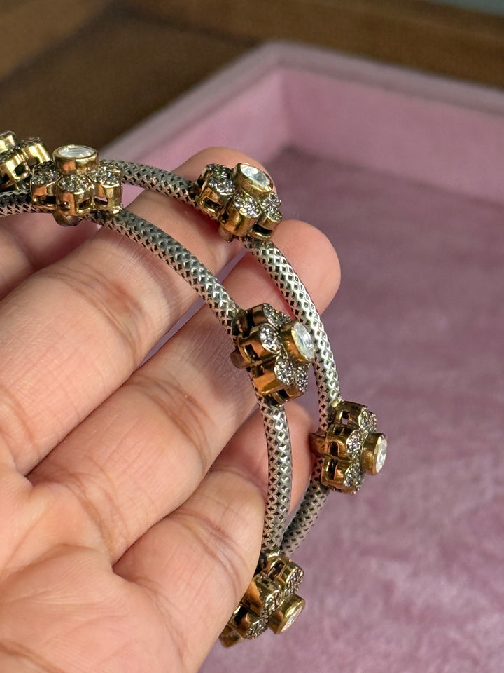 SHIVKA 925 Silver Fusion Bangles | Set of 2 | CZ Stones | Artisan Crafted | 47g