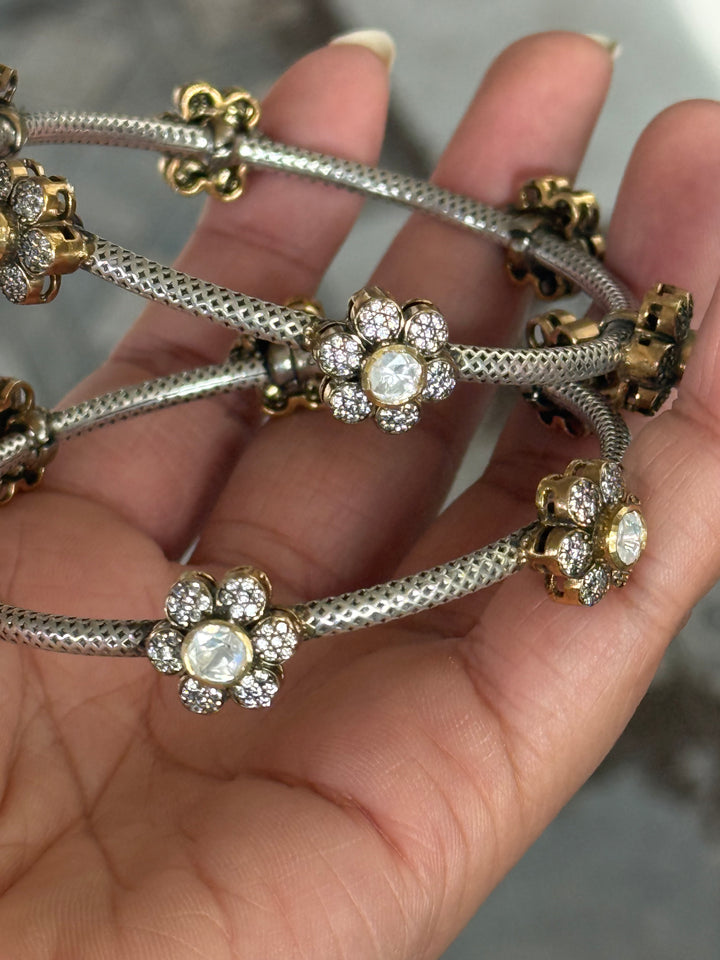 SHIVKA 925 Silver Fusion Bangles | Set of 2 | CZ Stones | Artisan Crafted | 47g