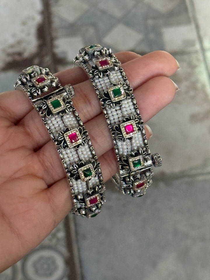 SHIVKA SAANJ 925 Silver Fusion Bangles | Set of 2 | CZ Stones | Artisan Crafted | 94g