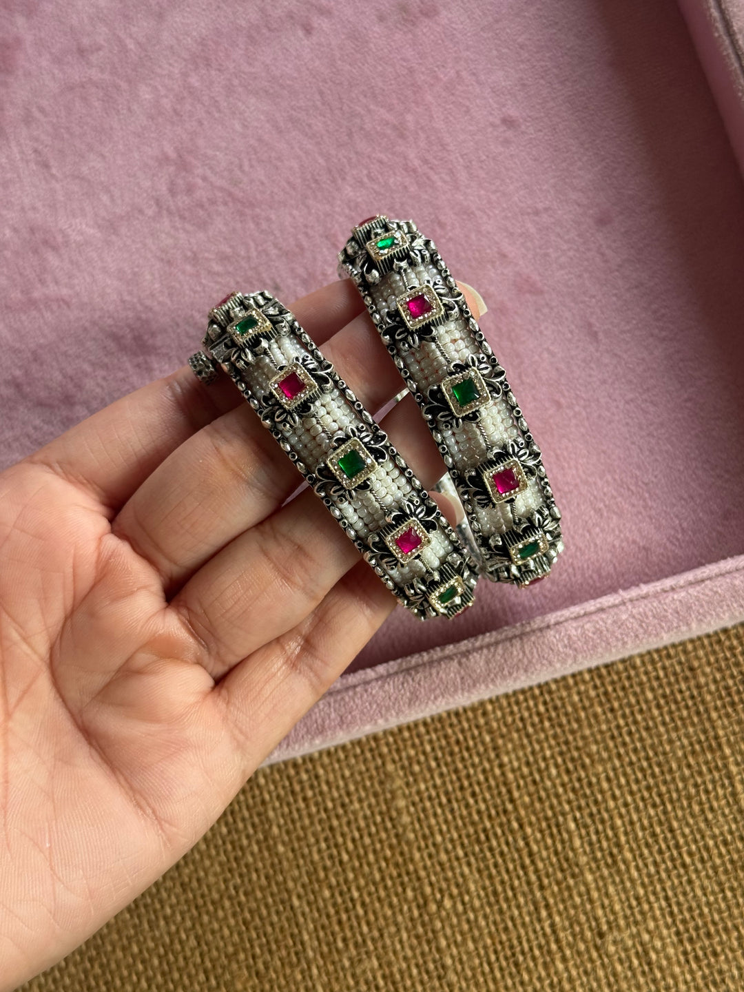 SHIVKA SAANJ 925 Silver Fusion Bangles | Set of 2 | CZ Stones | Artisan Crafted | 94g