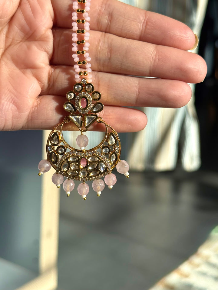 Gorgeous Pink Beads Kundan Maangtikka