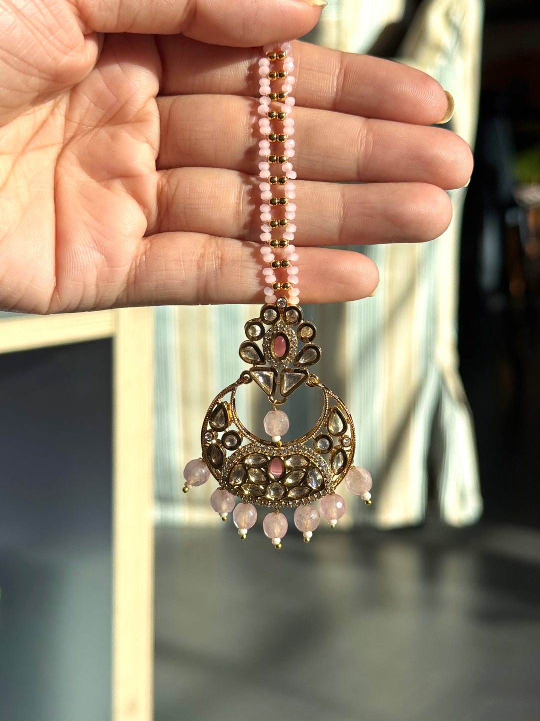 Gorgeous Pink Beads Kundan Maangtikka