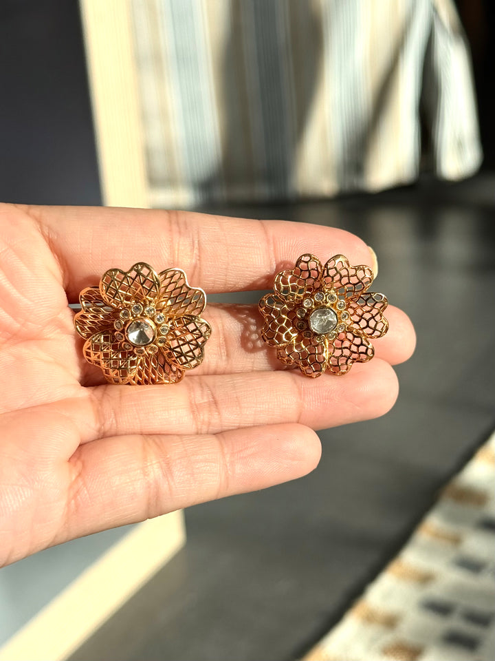 925 Silver Polki Studs | SHIVKA | Antique Gold CZ Festive Elegance