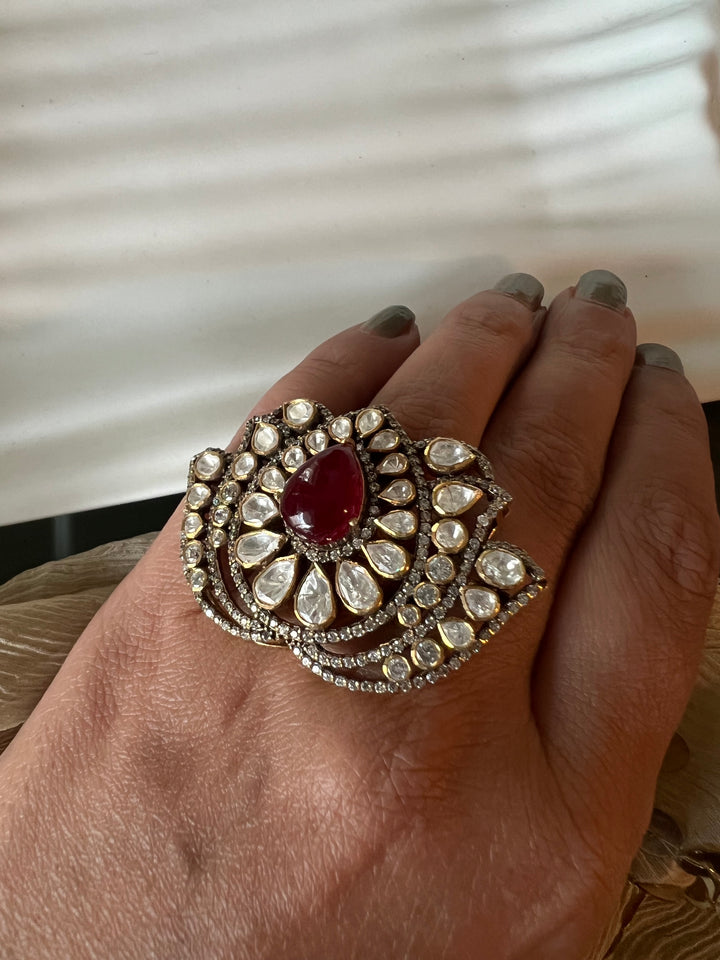 Lotus Polki Silver Ring - A Touch of Timeless Beauty