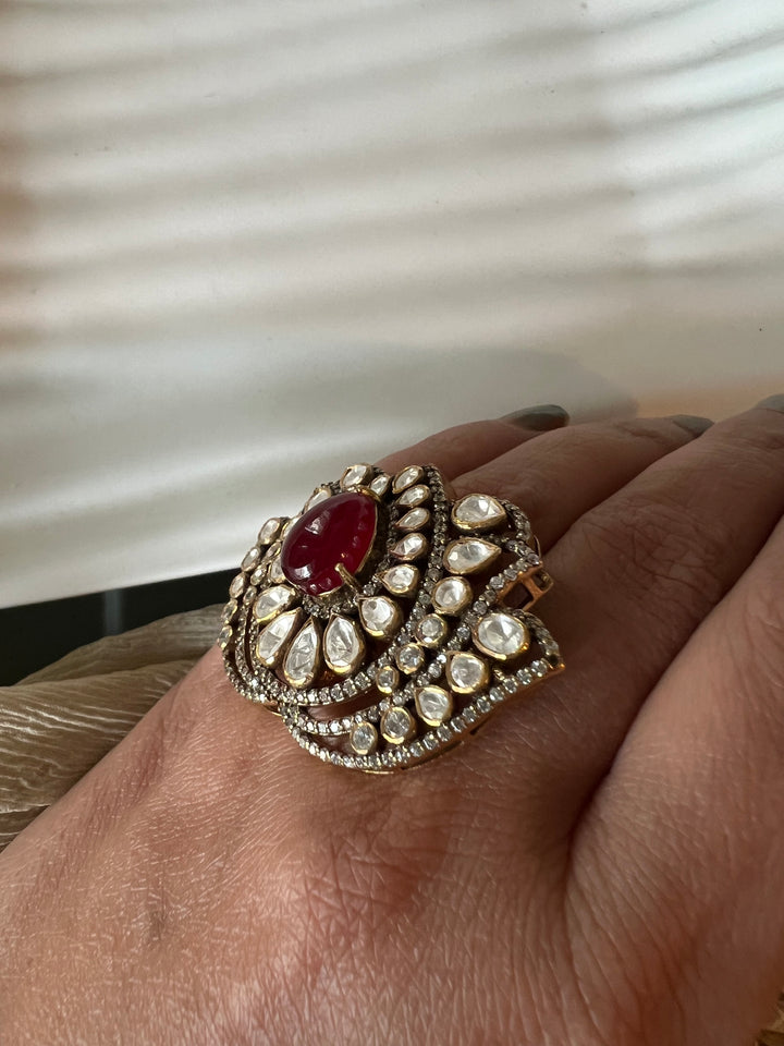 Lotus Polki Silver Ring - A Touch of Timeless Beauty