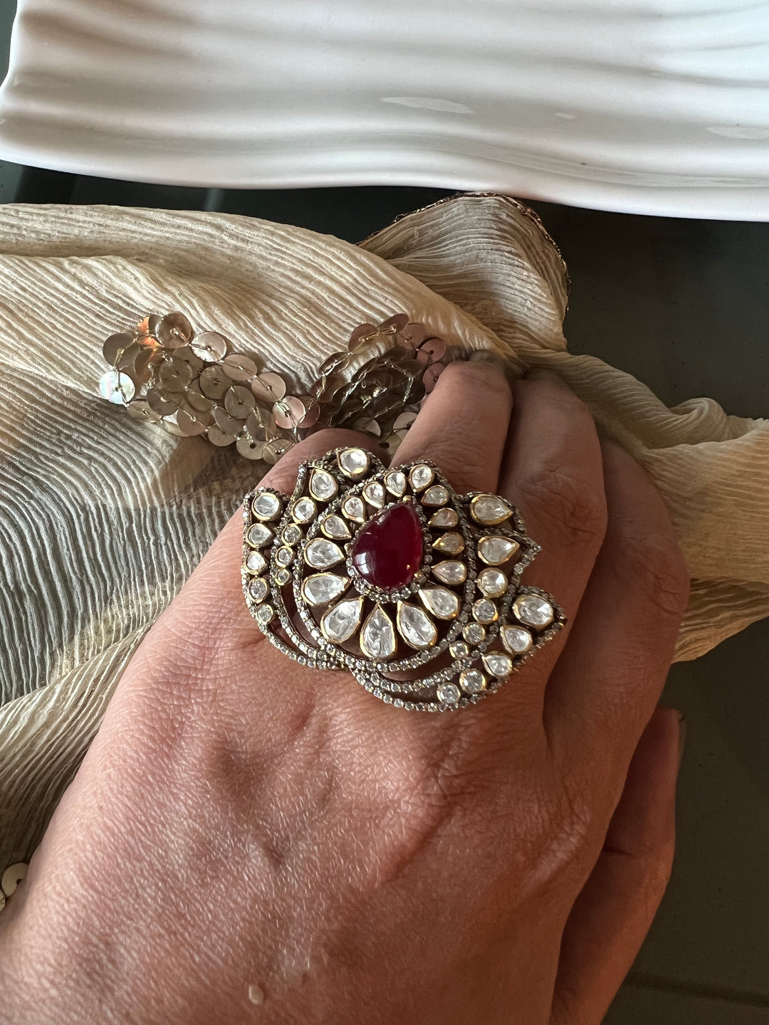 Lotus Polki Silver Ring - A Touch of Timeless Beauty