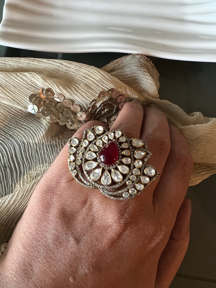 Lotus Polki Silver Ring - A Touch of Timeless Beauty