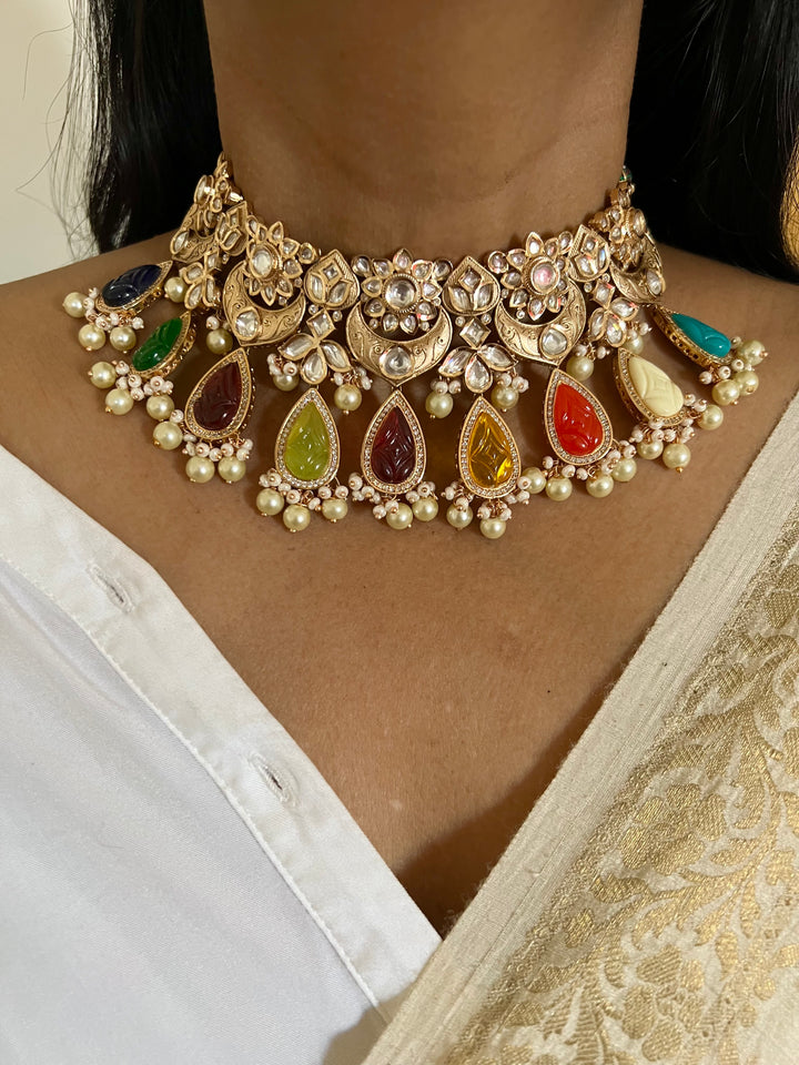 Multicoloured Bridal Kundan Choker Necklace with Earrings