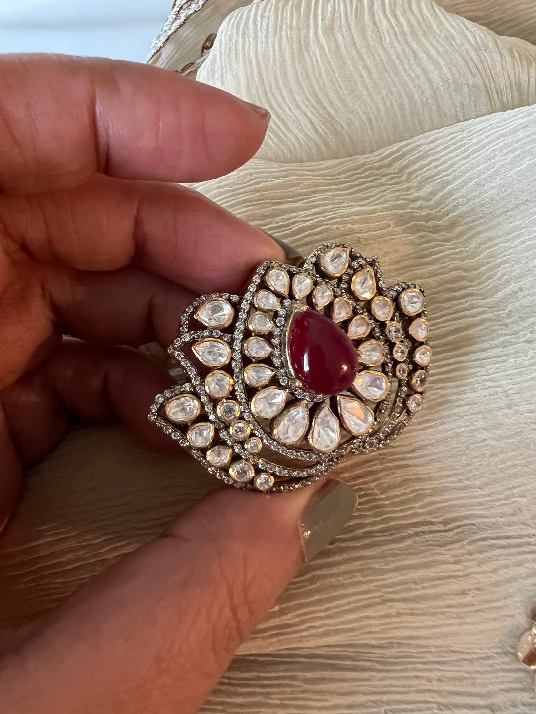 Lotus Polki Silver Ring - A Touch of Timeless Beauty