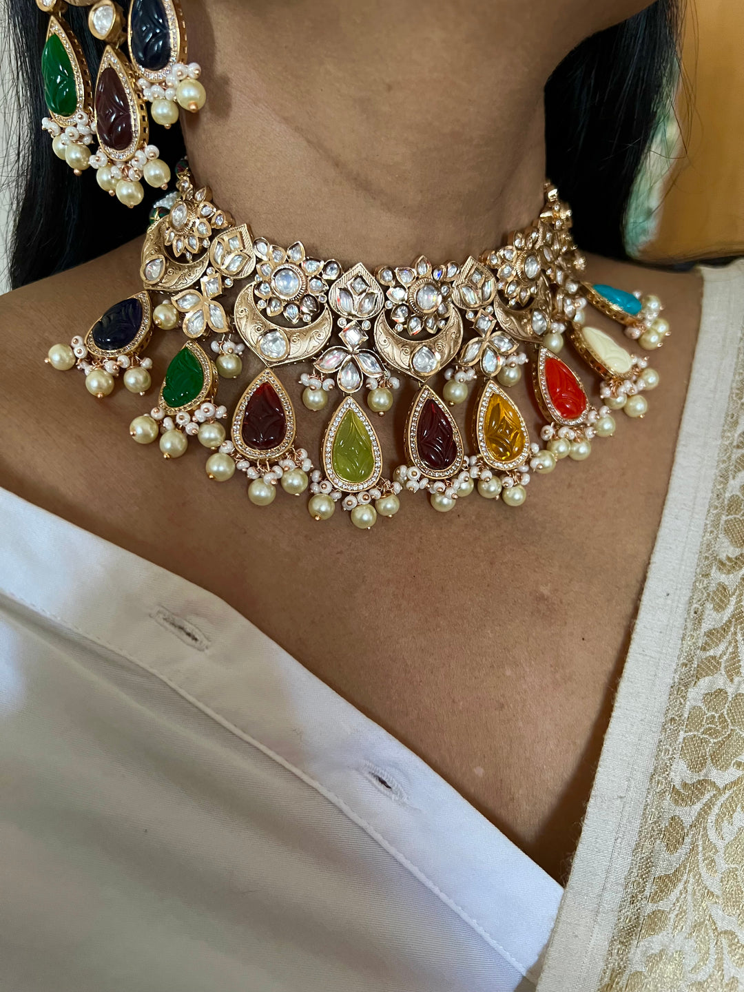 Multicoloured Bridal Kundan Choker Necklace with Earrings