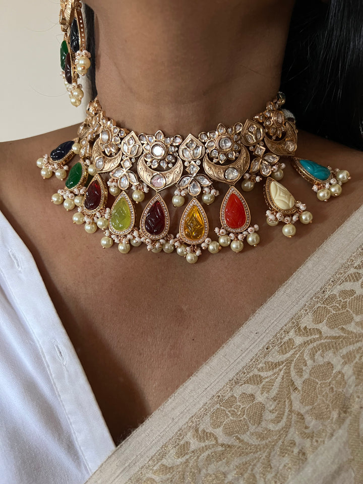 Multicoloured Bridal Kundan Choker Necklace with Earrings