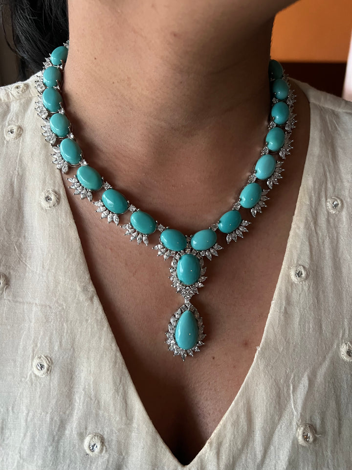 SHIVKA Turquoise Necklace Set | Faux Diamonds | Rhodium Plated