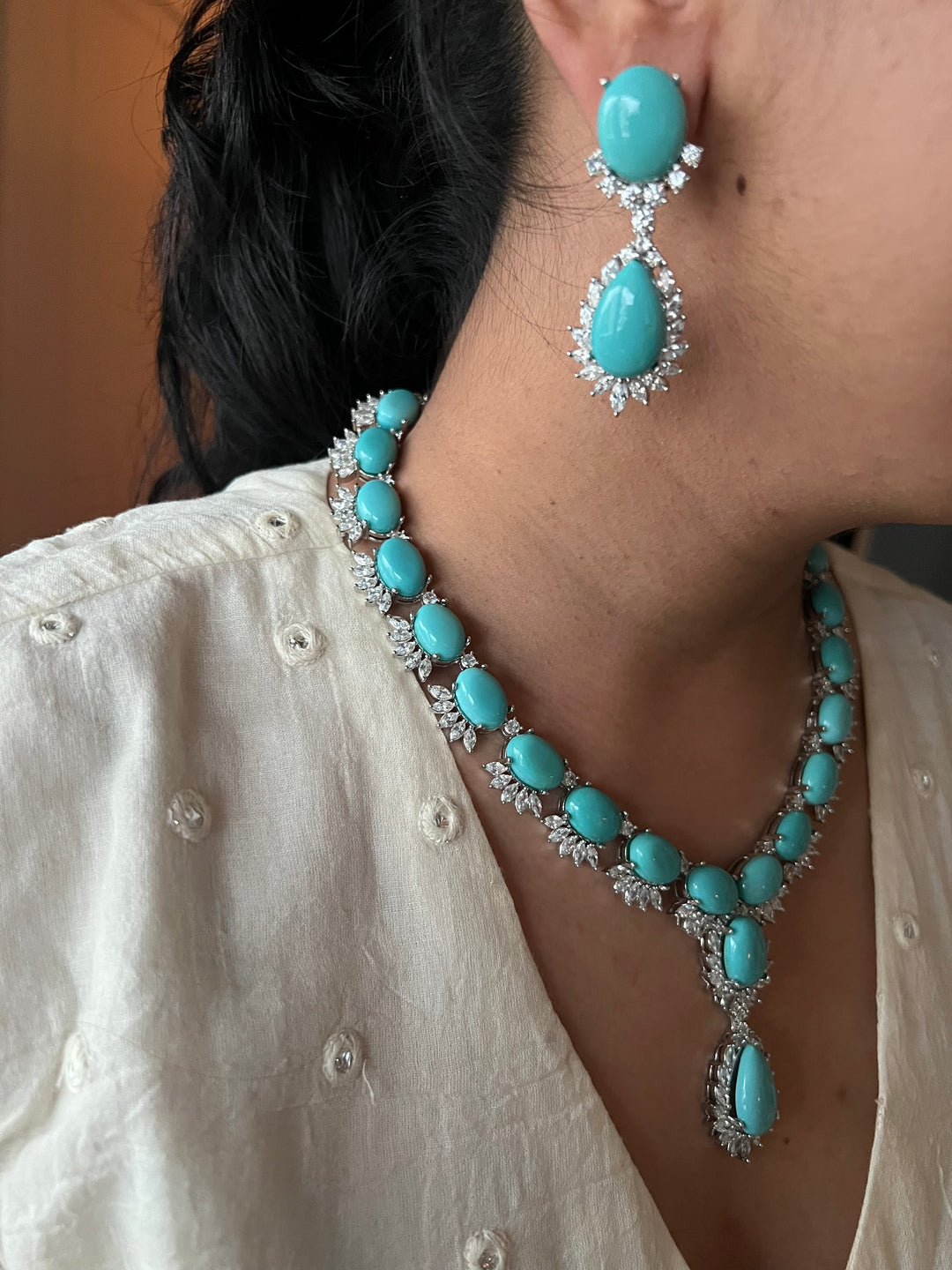 SHIVKA Turquoise Necklace Set | Faux Diamonds | Rhodium Plated