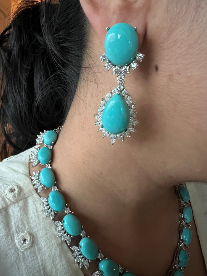 SHIVKA Turquoise Necklace Set | Faux Diamonds | Rhodium Plated