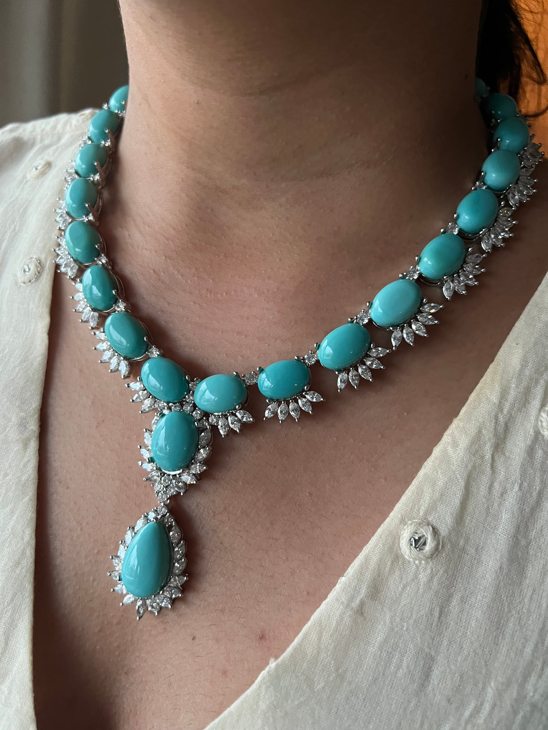 SHIVKA Turquoise Necklace Set | Faux Diamonds | Rhodium Plated