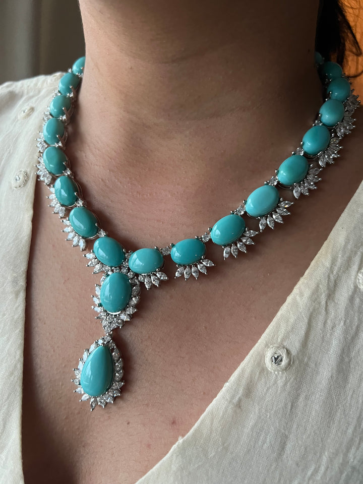 SHIVKA Turquoise Necklace Set | Faux Diamonds | Rhodium Plated