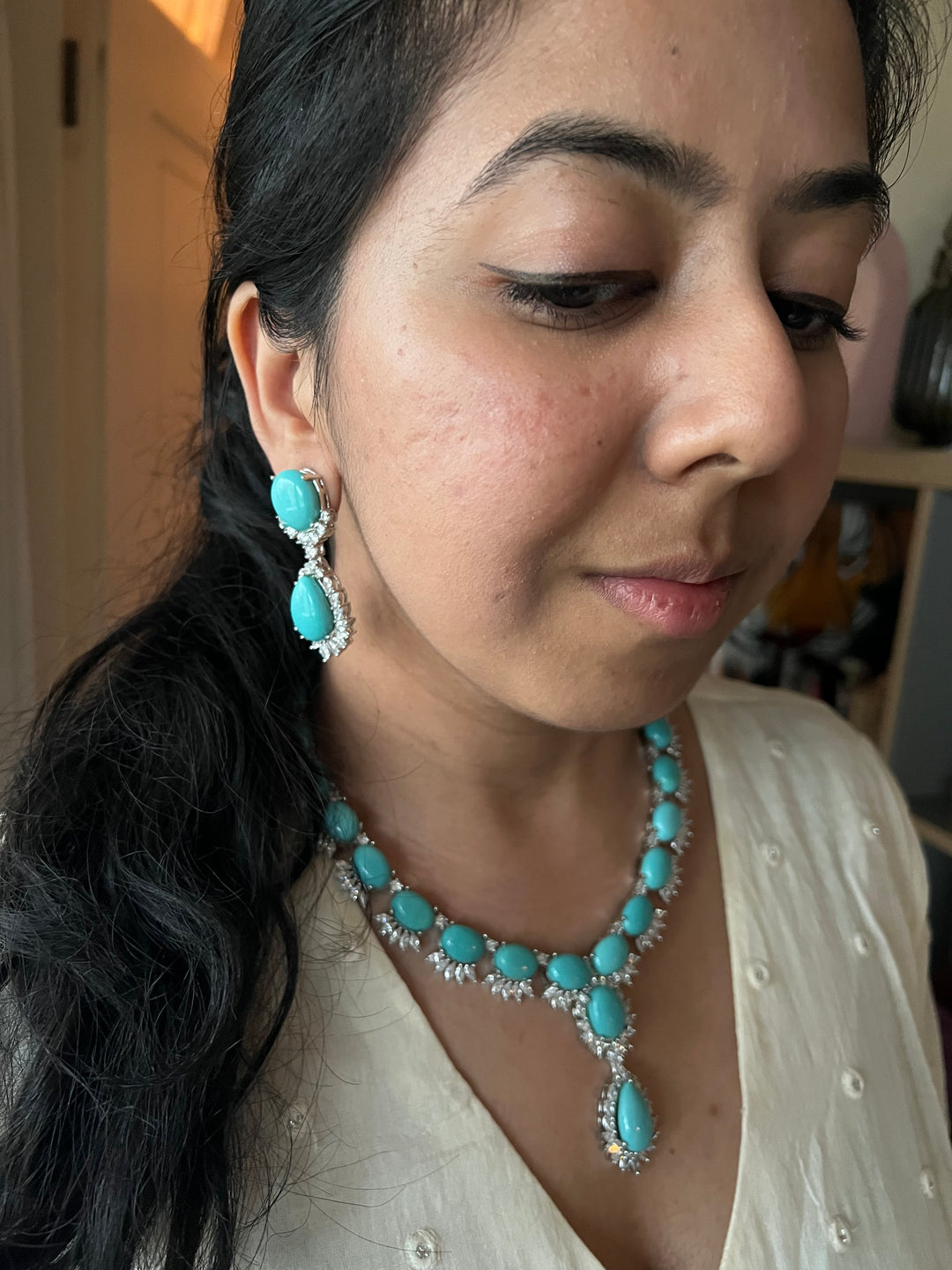 SHIVKA Turquoise Necklace Set | Faux Diamonds | Rhodium Plated