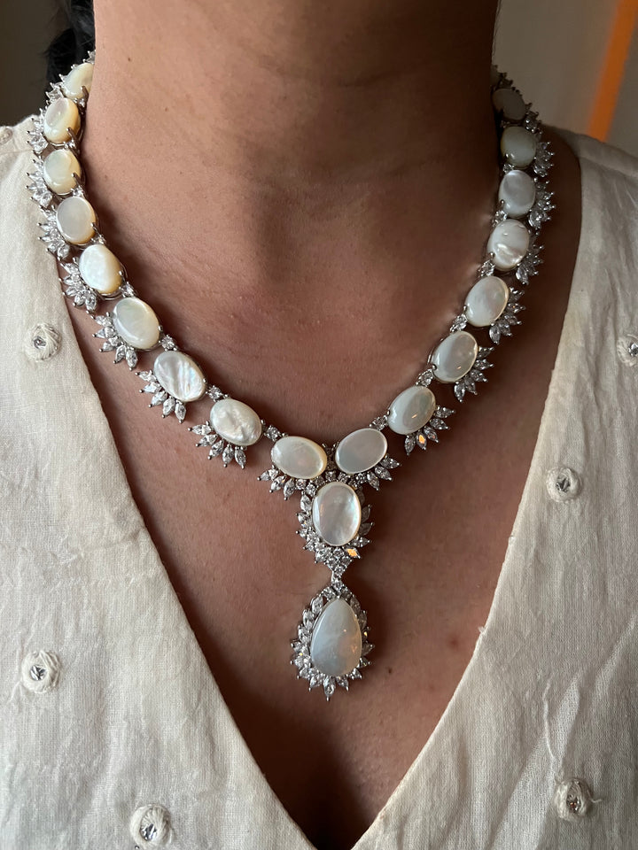 SHIVKA Mother of Pearl Necklace Set | Faux Diamonds | Rhodium Finish