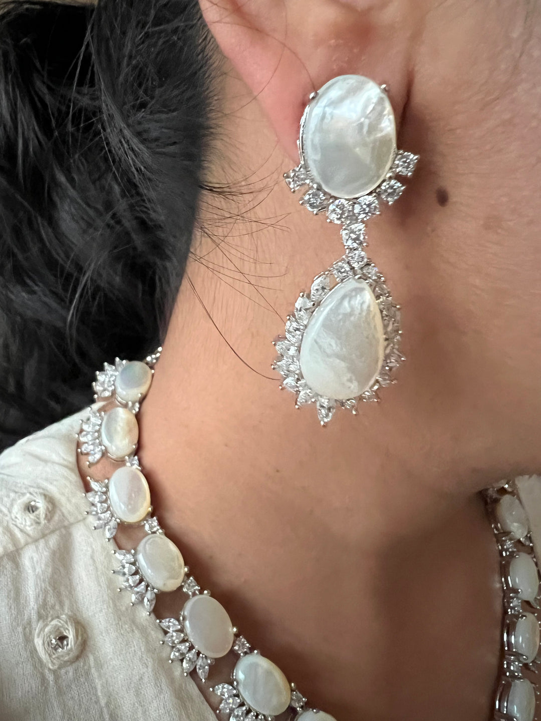 SHIVKA Mother of Pearl Necklace Set | Faux Diamonds | Rhodium Finish