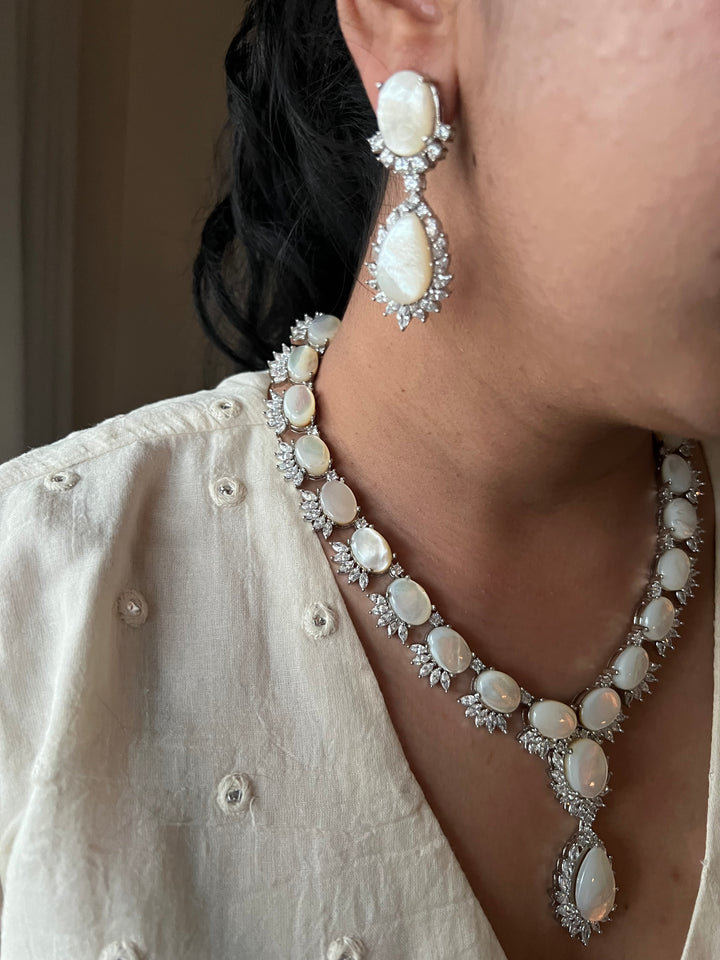 SHIVKA Mother of Pearl Necklace Set | Faux Diamonds | Rhodium Finish