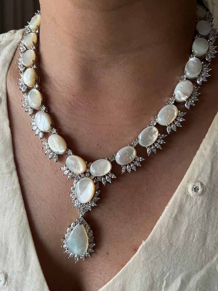 SHIVKA Mother of Pearl Necklace Set | Faux Diamonds | Rhodium Finish