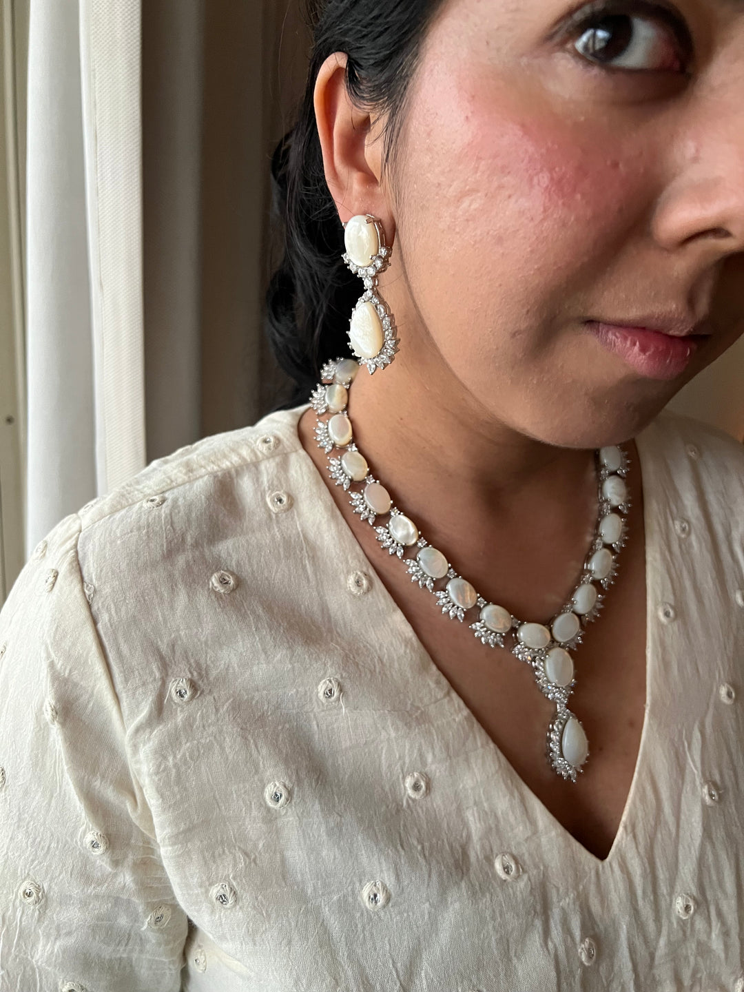 SHIVKA Mother of Pearl Necklace Set | Faux Diamonds | Rhodium Finish