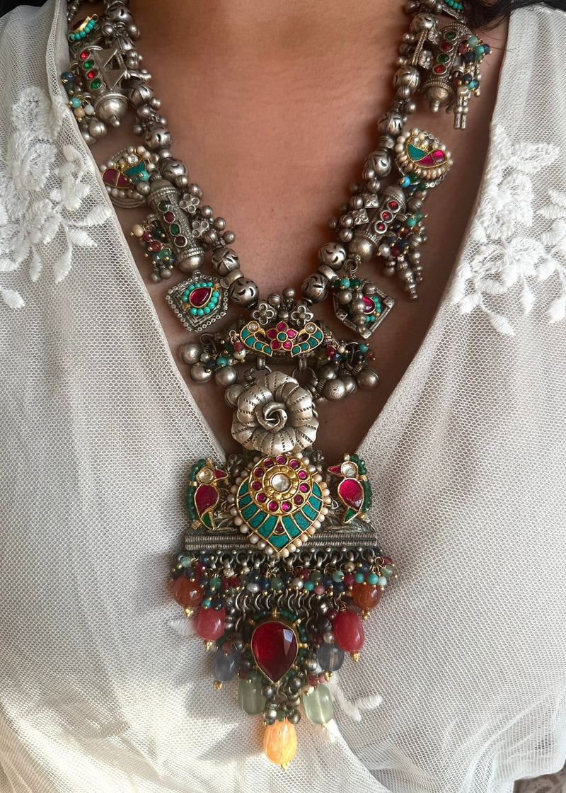 Handmade 925 Silver Fusion Gemstone Kundan Necklace Set | SHIVKA