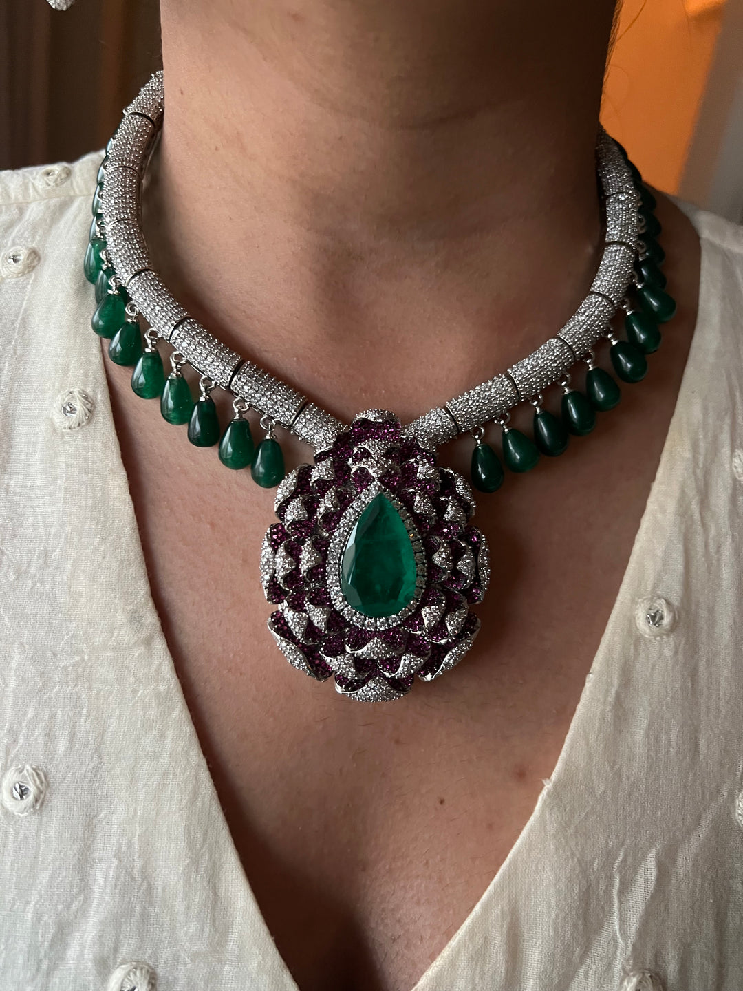 SHIVKA Ruby Emerald Necklace Set | CZ Stones | Rhodium Finish | Statement Jewelry