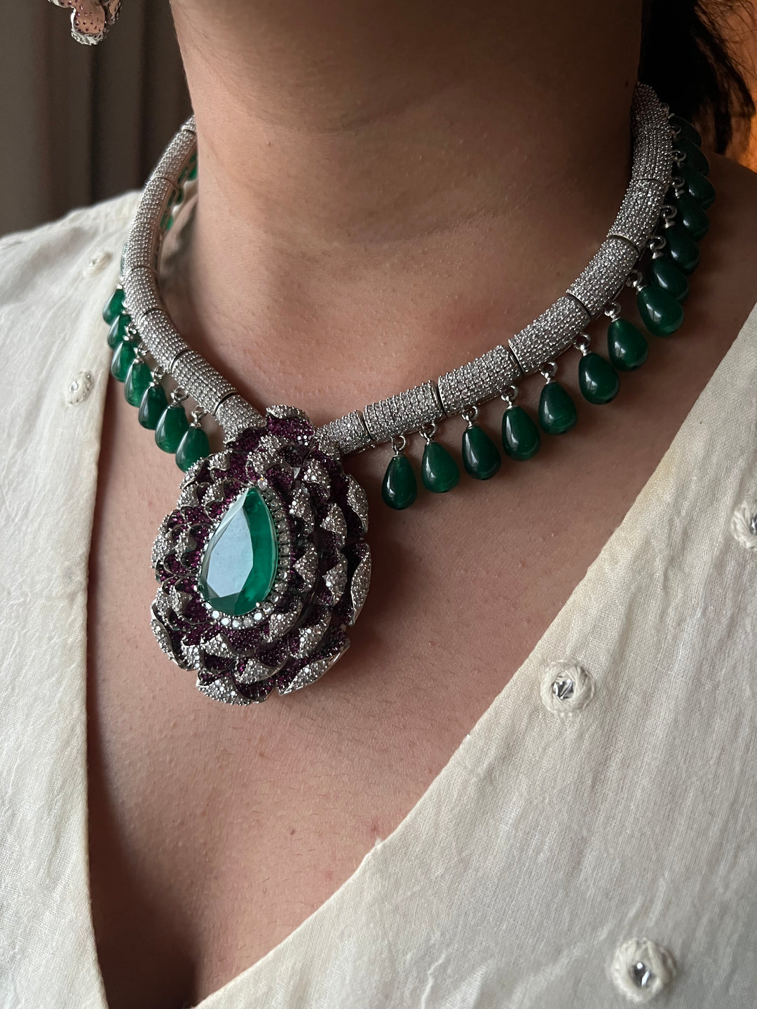 SHIVKA Ruby Emerald Necklace Set | CZ Stones | Rhodium Finish | Statement Jewelry