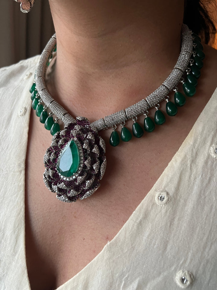 SHIVKA Ruby Emerald Necklace Set | CZ Stones | Rhodium Finish | Statement Jewelry