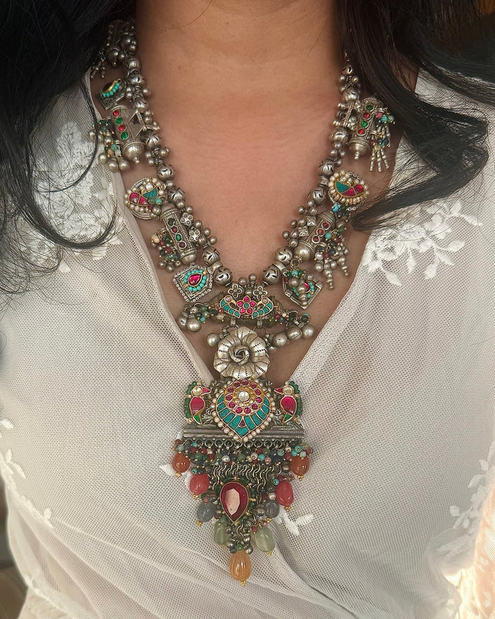 Handmade 925 Silver Fusion Gemstone Kundan Necklace Set | SHIVKA