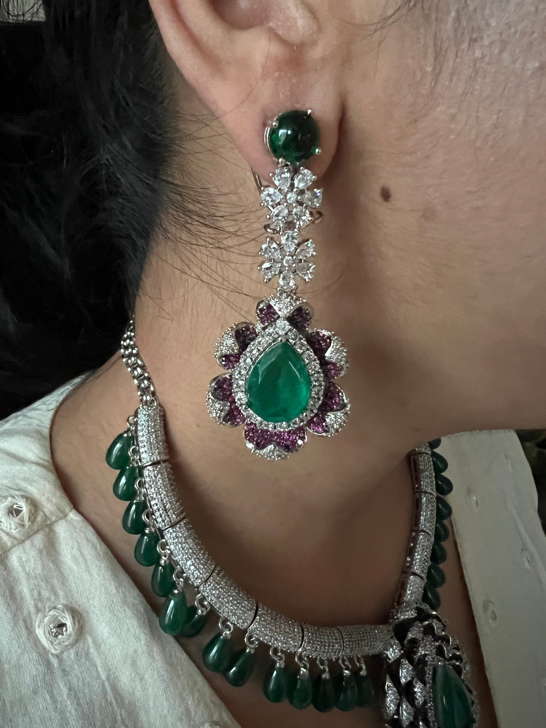 SHIVKA Ruby Emerald Necklace Set | CZ Stones | Rhodium Finish | Statement Jewelry