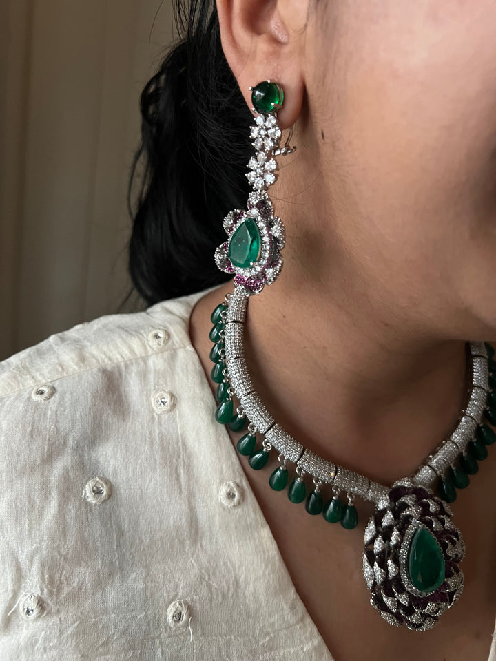 SHIVKA Ruby Emerald Necklace Set | CZ Stones | Rhodium Finish | Statement Jewelry