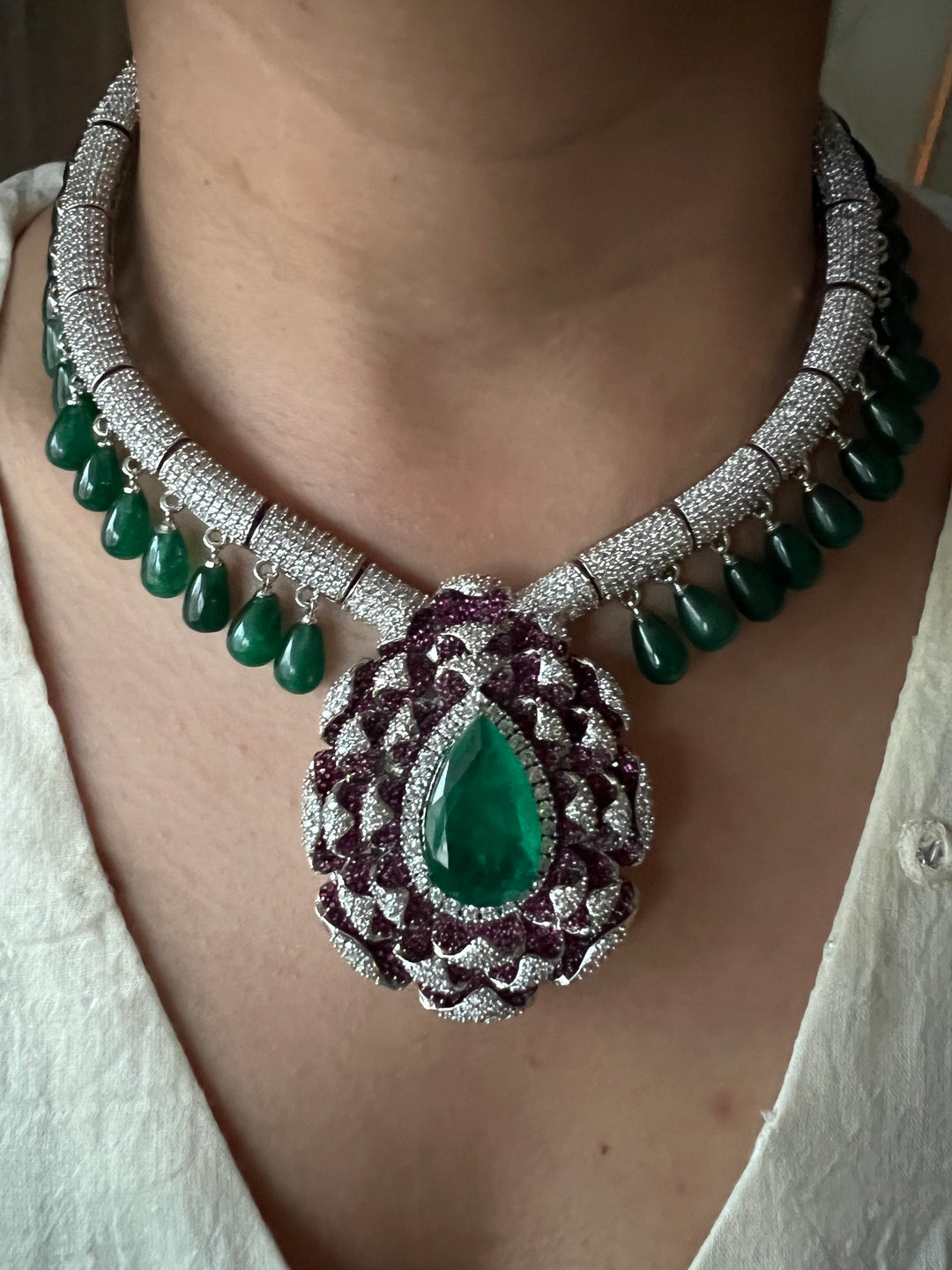 SHIVKA Ruby Emerald Necklace Set | CZ Stones | Rhodium Finish | Statement Jewelry
