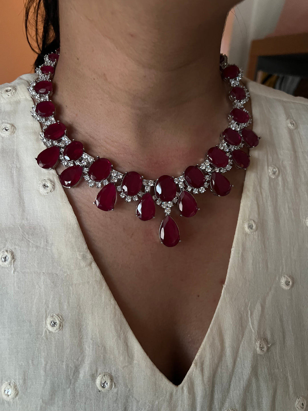 SHIVKA Ruby Necklace Set | Faux Diamonds | Rhodium Plated | Cocktail Jewelry
