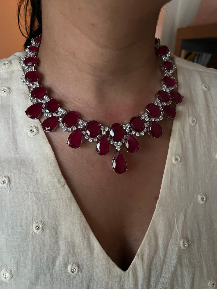 SHIVKA Ruby Necklace Set | Faux Diamonds | Rhodium Plated | Cocktail Jewelry