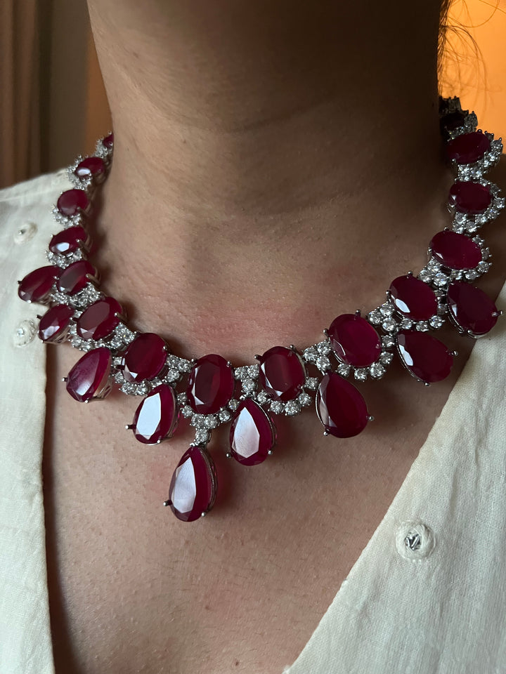 SHIVKA Ruby Necklace Set | Faux Diamonds | Rhodium Plated | Cocktail Jewelry